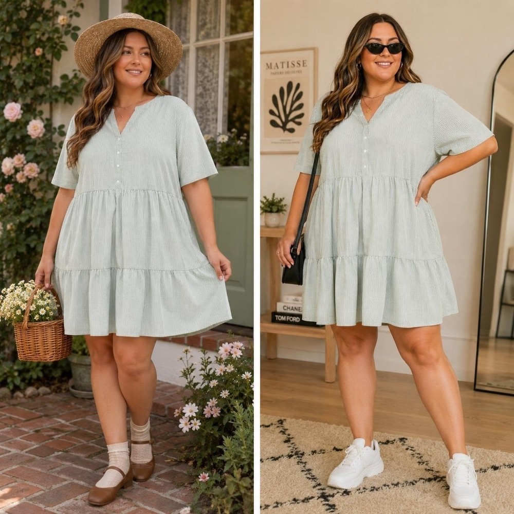 Halara Green White Striped V-Neck Tiered Shirt Dress Sz XL Cottagecore Coastal